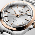 longines Conquest 30mm - Silver w/ Pink Gold Bezel on Bracelet