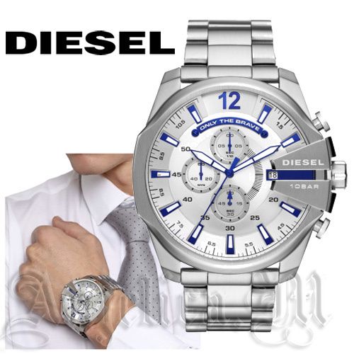 Diesel DZ4477 Mega Chief Chronograph Men's Watch – White Dial & Silver Stainless Steel Strap