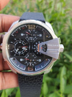 Diesel DZ7376 Uber Chief Oversized 4-Time Men's Watch – Black Dial & Black Leather Strap